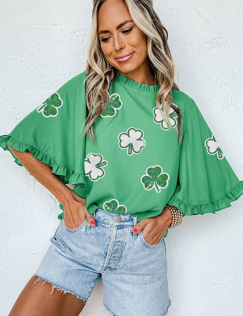 Green Sequin Clover Graphic Ruffled Trim Bell Sleeve St Patrick Blouse: Green / 100%Polyester / S