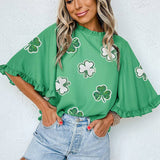 Green Sequin Clover Graphic Ruffled Trim Bell Sleeve St Patrick Blouse: Green / 100%Polyester / L