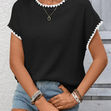 Crochet Trim Short Sleeve Knit Top for Women Summer Casual: Khaki / 65%Polyester  30%Viscose   5%Elastane / S