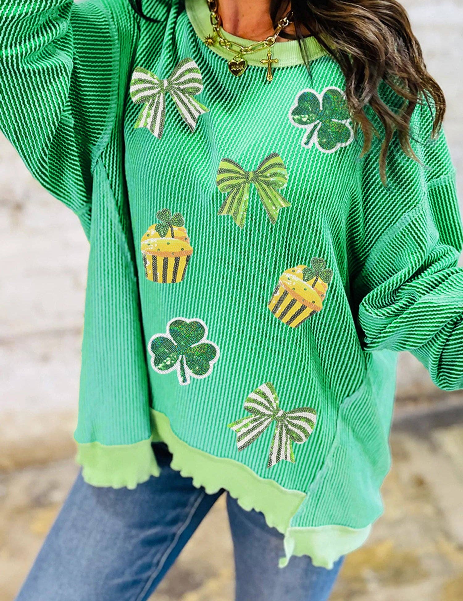 Bright Green Twisted Rib St Patricks Day Sequin Patch Graphic Long Sleeve Top: Bright Green / 75%Polyester+20%Viscose+5%Elastane / S