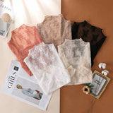 Semi Sheer Mesh Floral Lace Layering Top: Caramel / L