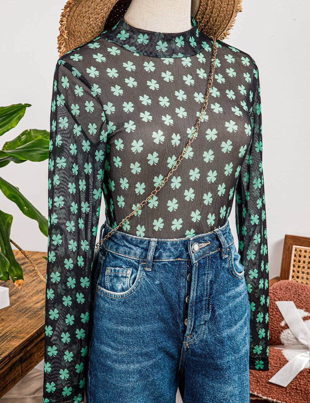 St Patrick Shamrock Mock Neck Long Sleeve Mesh Bodysuit: As shown / Missy / L