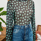 St Patrick Shamrock Mock Neck Long Sleeve Mesh Bodysuit: As shown / Missy / L