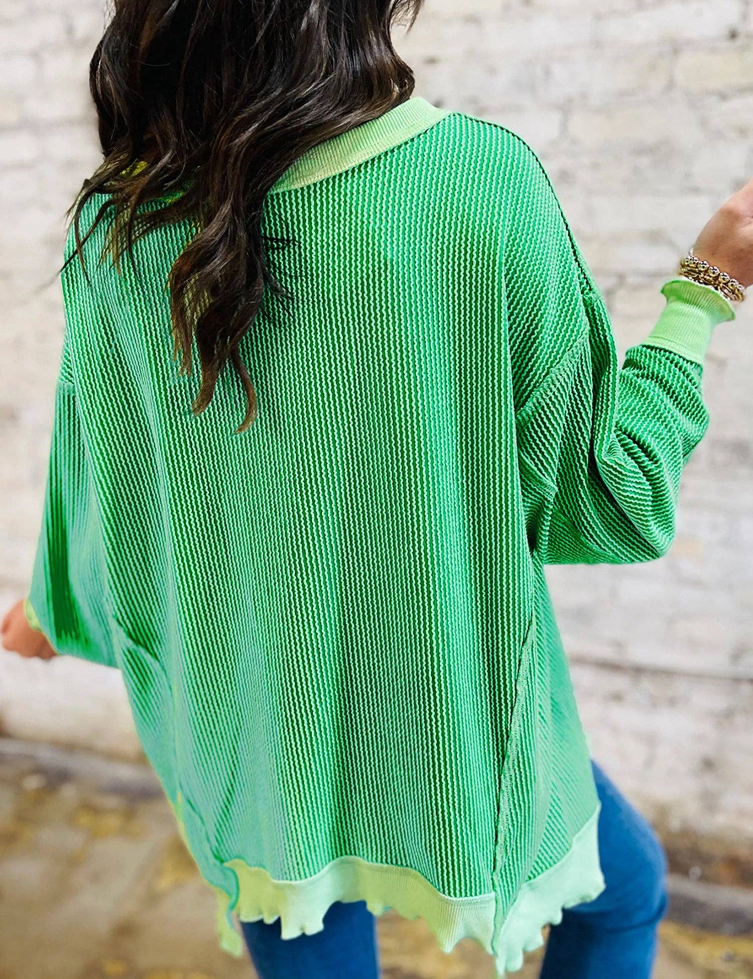 Bright Green Twisted Rib St Patricks Day Sequin Patch Graphic Long Sleeve Top: Bright Green / 75%Polyester+20%Viscose+5%Elastane / S