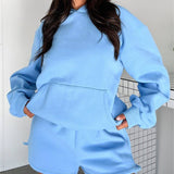 Basic pocket hoodie &  drawstring short set outfits