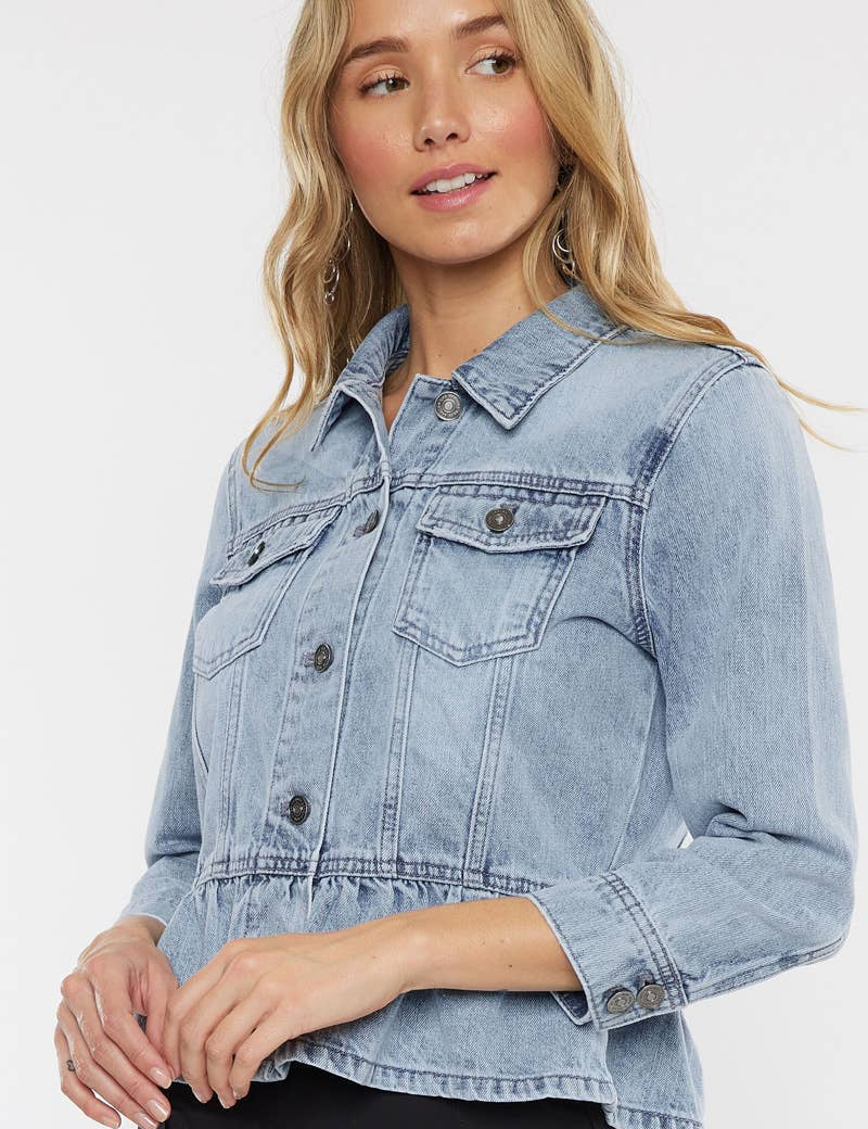OPEN PACK CLASSIC FIT PEPLUM DENIM JACKET-KC7369L: LIGHT / XL