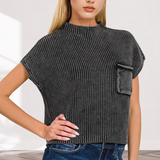 .....1214 Washed Mock Neck Short Sleeve Cropped Sweater SI-26359: BLACK-168751 / L/XL