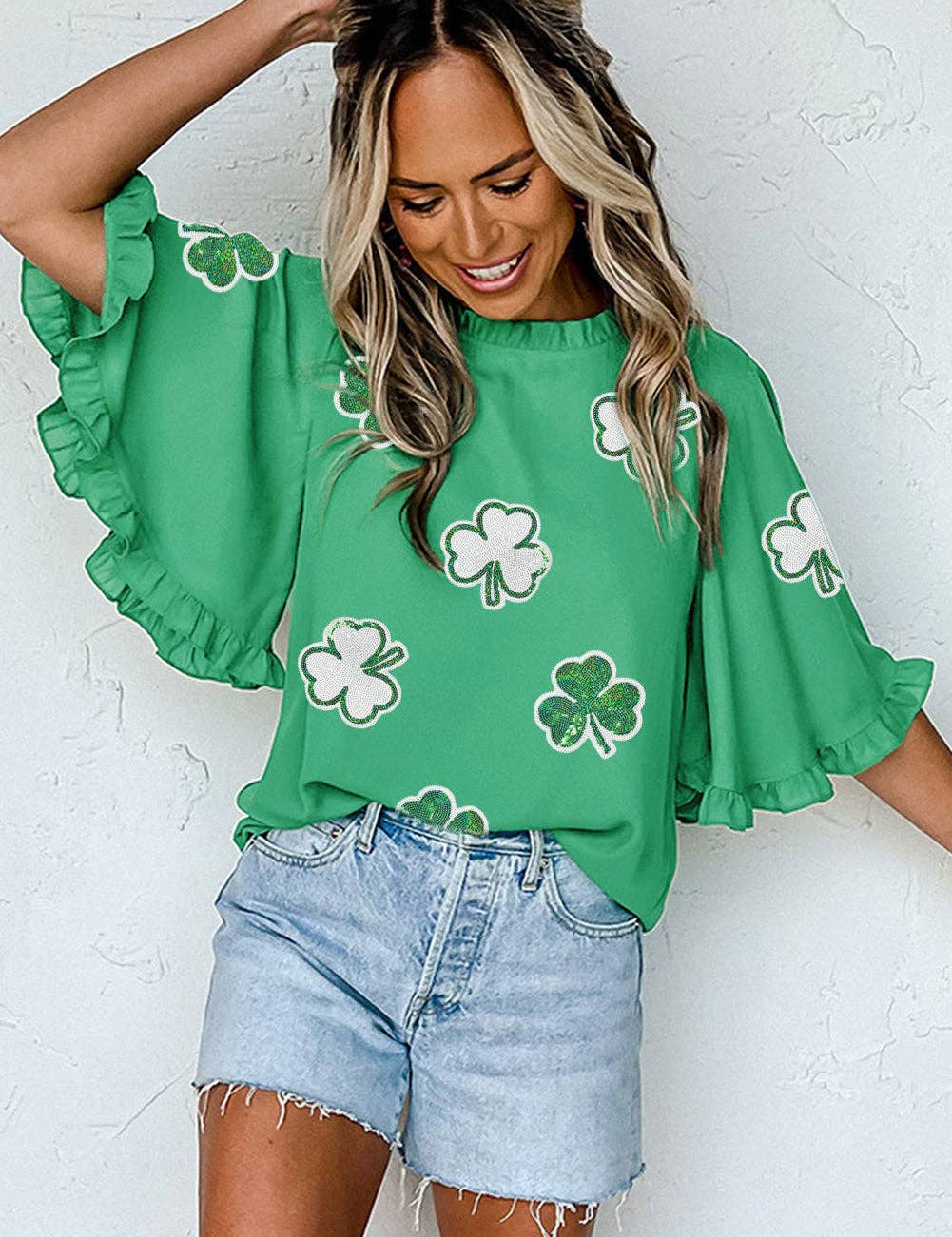 Green Sequin Clover Graphic Ruffled Trim Bell Sleeve St Patrick Blouse: Green / 100%Polyester / L
