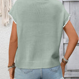 Crochet Trim Short Sleeve Knit Top for Women Summer Casual: Khaki / 65%Polyester  30%Viscose   5%Elastane / M