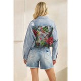 Classic Denim Jacket with Lace Floral Contrast: Med Wash / L