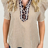 Sky Blue Stripe Short Puff Sleeve Leopard  Blouse: Brown Stripe XL