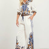 Floral Border Satin Pants: Mustard-Navy / S