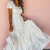 White Frilly Shirred Bodice Tiered Floral Maxi Dress: White / 100%Polyester / S