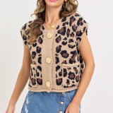 LEOPARD PRINT KNIT BUTTON-UP SWEATER TOP: TAUPE / Contemporary / L