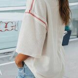 USA Graphic Half Sleeve Loose Ribbed Top (S-XL): White / Missy / M