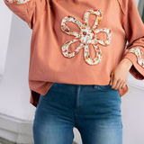 LDC  Flower Patch Graphic Exposed Seam Wide Sleeve Loose Top: Grapefruit Orange / S