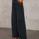 SOLID COLOR LOOSE DENIM WIDE LEG PANTS VEST SUIT: BLACK / (M) 1