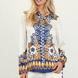 Printed Border-Print Long Sleeve Button-Down Blouse: Mustard-Navy / XS