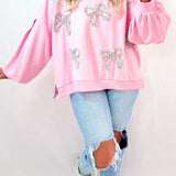 Embroidered Bow Lantern Sleeve Oversized Pullover Sweatshirt: Light Pink / 65%Polyester+35%Cotton / S