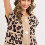 LEOPARD PRINT KNIT BUTTON-UP SWEATER TOP: TAUPE / Contemporary / L