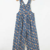 Vintage Rose Print Pleated Denim Overall Jumpsuit (S-XL)