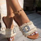 Frayed Wide Band Rhinestone Buckle Detail Slippers