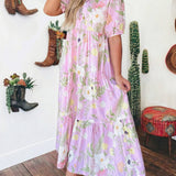 Floral Print Short Puff Sleeve High Waist Tiered Maxi Dress: Pink / S