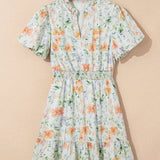 Beige Floral Print Shirred High Waist Puff Sleeve Mini Dress: Beige L