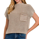 .....1214 Washed Mock Neck Short Sleeve Cropped Sweater SI-26359: BLACK-168751 / L/XL