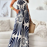 Fashionable Print Bandeau Waist-Cinching Jumpsuit: Khaki / L