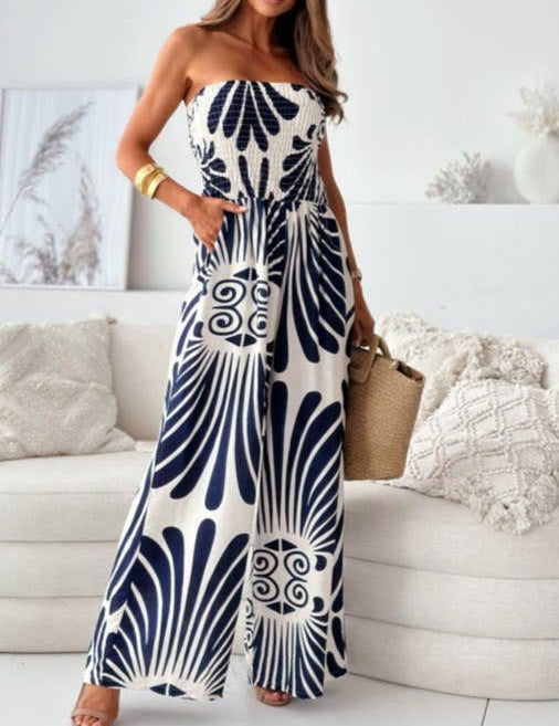 Fashionable Print Bandeau Waist-Cinching Jumpsuit: Khaki / S