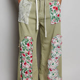 Drawstring Floral Patch Denim Pants