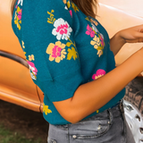 Fashion-W Flower Pattern Short Sleeve Knitted Sweater: As shown / Missy / S