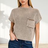 .....1214 Washed Mock Neck Short Sleeve Cropped Sweater SI-26359: BLACK-168751 / L/XL