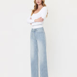 HIGH RISE WAIST TIE STRIPED WIDE LEG JEANS V3838STR: STRIPE / 25