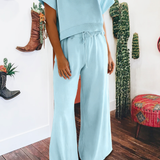 Solid Color Loose Tee Drawstring Wide Leg Pants 2pcs Outfit: Mist Blue / M