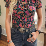 Spring Western Retro Floral Printed Mock Neck Mesh Top (S-4X: Multi-Colored / 1X