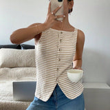 Striped Button Front Sleeveless Tank Top with Slit Hem: Burgundy / 65%viscose+35%polyester / S