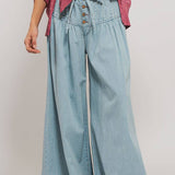 Pleated Wide-Leg Button Closure Pants