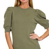 ,,..SI-25003 Viscose Puff Short Sleeve Sweater: H BEIGE-170996 / S