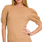 ,,..SI-25003 Viscose Puff Short Sleeve Sweater: H BEIGE-170996 / L