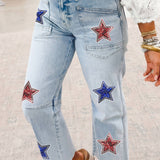 Patriotic Sequin Stars Patch Pocket Shift Jeans