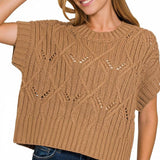 ,,,.0722 Cable Knit Short Sleeve Sweater SI-28167: DEEP CAMEL-184427 / M
