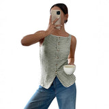 Striped Button Front Sleeveless Tank Top with Slit Hem: Burgundy / 65%viscose+35%polyester / M