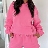 Basic pocket hoodie &  drawstring short set outfits