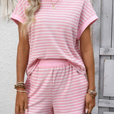Striped Short-Sleeve And Shorts Fashion Two-Piece Set