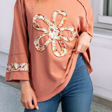 LDC  Flower Patch Graphic Exposed Seam Wide Sleeve Loose Top: Grapefruit Orange / M