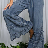 Flared Ruffle Hem Washed Chambray Crop Denim Pants VP83039: Washed Denim / L