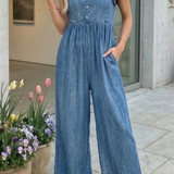 66 Ruffled Short Sleeve Wide Leg Denim Jumpsuit (S-XL)