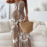 Fashionable Print Bandeau Waist-Cinching Jumpsuit: Khaki / L